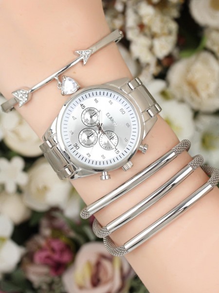 Gümüş Renk Metal Kordonlu Clariss Markalı  Bayan Saat ve Metal Bileklik Kombini