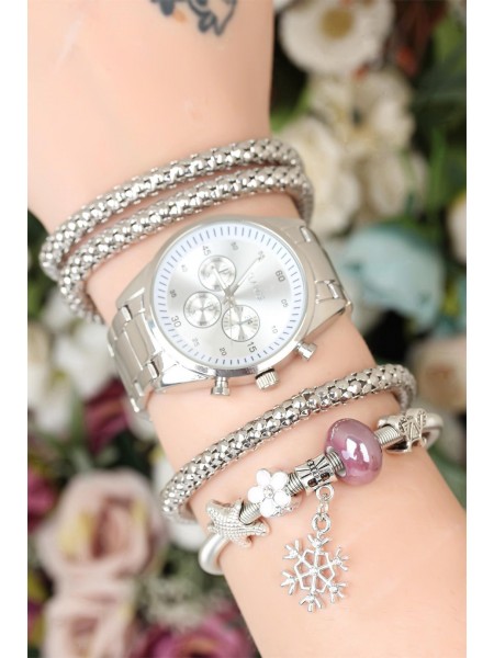 Gümüş Renk Metal Kordonlu Clariss Markalı  Bayan Saat ve Taşlı Metal Bileklik Kombini