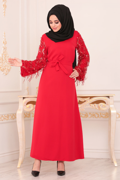 Nayla Collection - Püsküllü Kırmızı Tesettür Elbise 40640K