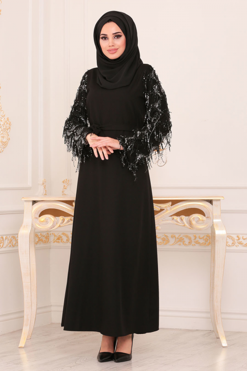 Nayla Collection - Püsküllü Siyah Tesettür Elbise 40640S
